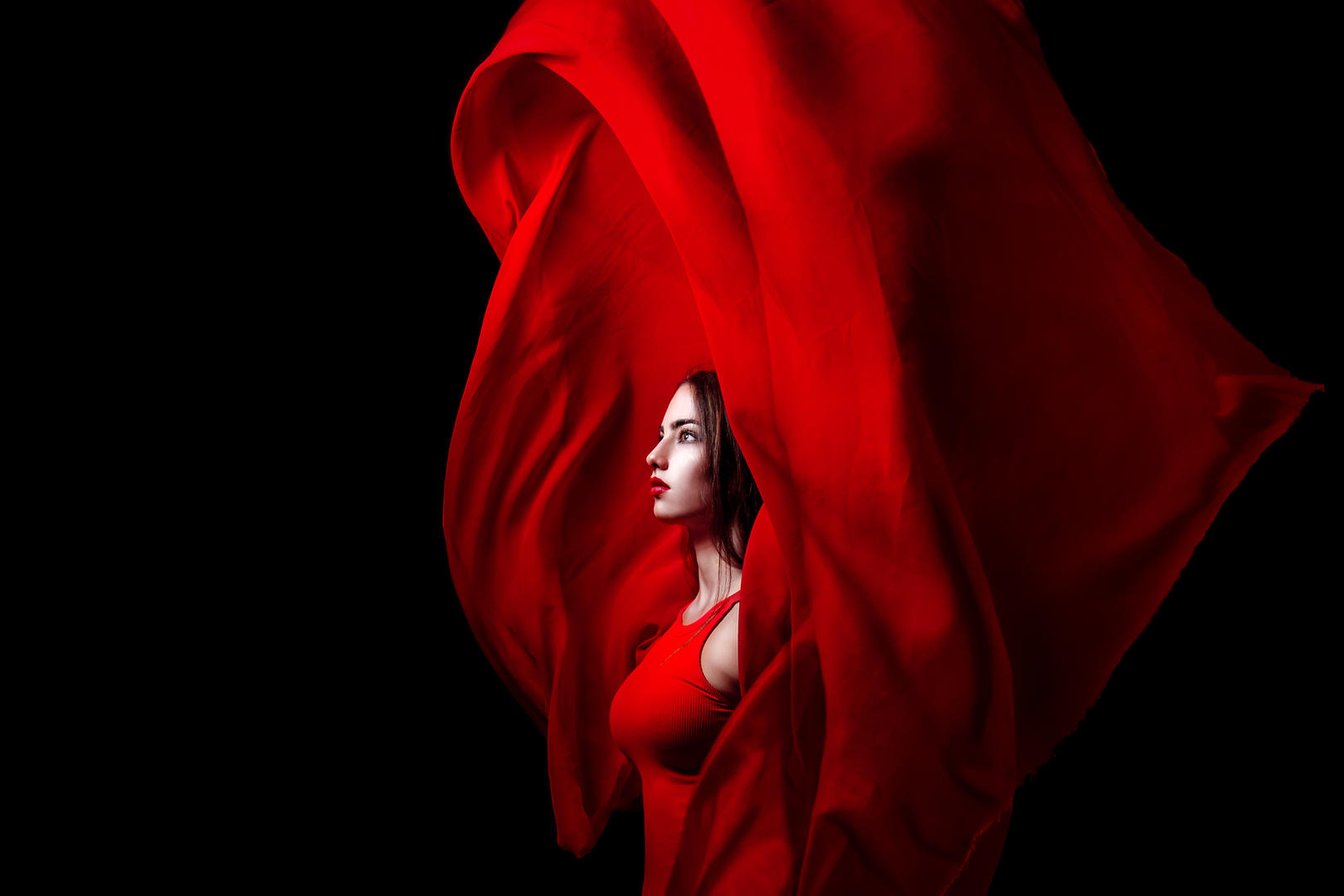 Черный фон и красное платье